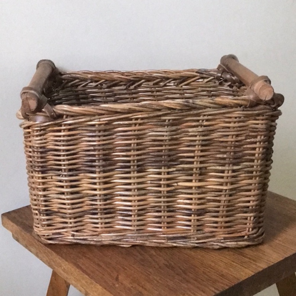 Vintage Wicker Wood and Leather Basket